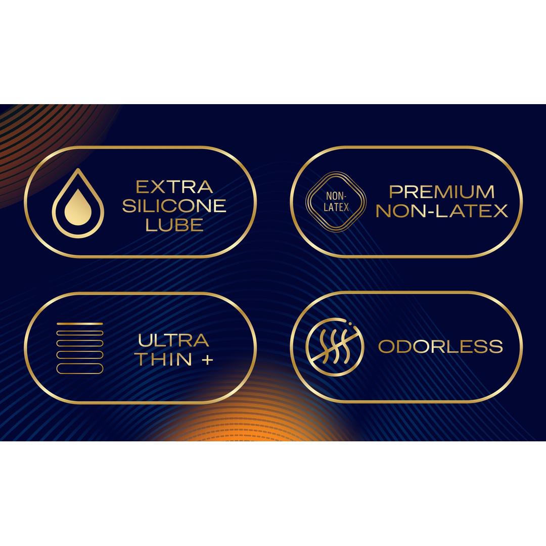 Four gold-trimmed boxes on a blue background with orange waves read: "Extra silicone lube," "Premium non-latex condoms," "Ultra thin +," and "Odorless." Perfect for Durex Intense Nitrile XL (Non-Latex) Condoms by Durex, ideal for extra-large fit needs.