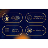 Four gold-trimmed boxes on a blue background with orange waves read: "Extra silicone lube," "Premium non-latex condoms," "Ultra thin +," and "Odorless." Perfect for Durex Intense Nitrile XL (Non-Latex) Condoms by Durex, ideal for extra-large fit needs.