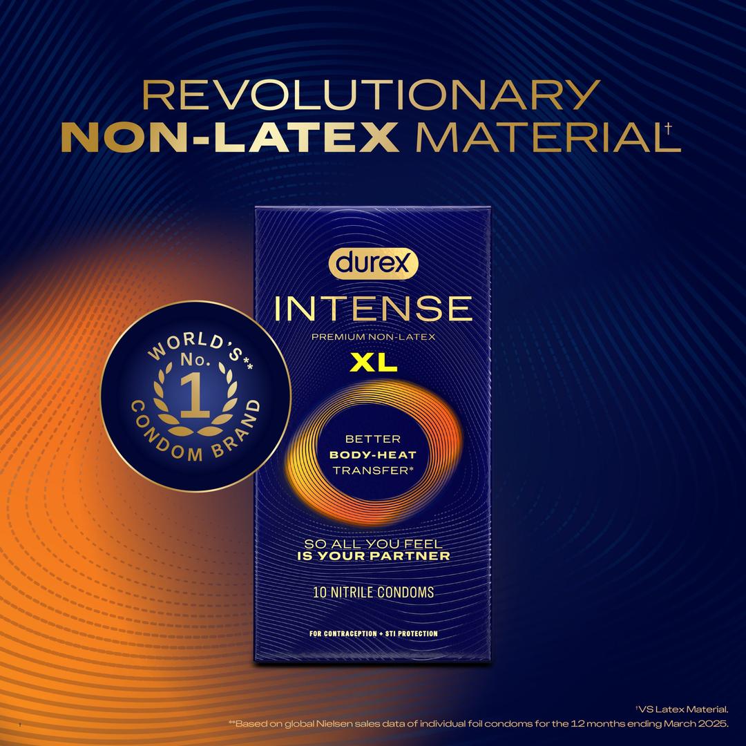 A box of Durex Intense Nitrile XL (Non-Latex) Condoms is centered on a blue and gold background, with text highlighting “Revolutionary Non-Latex Material” and “World’s No. 1 Condom Brand.”.