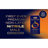 A Durex Intense Nitrile XL (Non-Latex) condom box on a blue and orange gradient background, featuring extra-large premium non-latex condoms and a "World’s No.1 condom brand" badge in the top right corner.