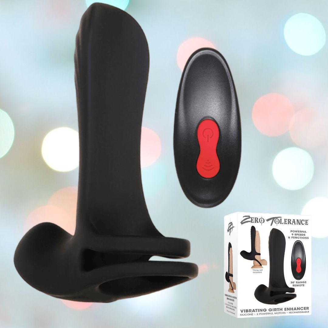 A Zero Tolerance Vibrating Girth Enhancer for Men, featuring dual motors and a red button, is showcased with its remote control. The packaging prominently displays the brand name "Zero Tolerance" along with images of the product, set against a backdrop of blurred lights.