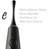 A close-up of the Zumio E Clitoral Stimulator by ZUMIO, INC in black, featuring a curved, rigid stem and small convex tip. Text highlights its elliptical rotation pattern, pressure sensitivity, and multi-touch intensity for precise stimulation.