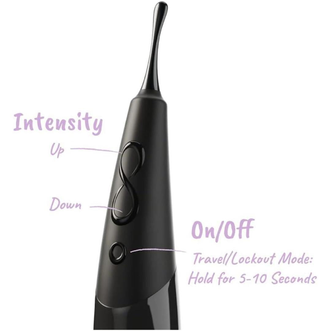 A close-up of the Zumio E Clitoral Stimulator by ZUMIO, INC in black shows labeled Intensity (up/down) and On/Off/travel lock buttons. Purple text details each button’s function.