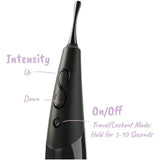 A close-up of the Zumio E Clitoral Stimulator by ZUMIO, INC in black shows labeled Intensity (up/down) and On/Off/travel lock buttons. Purple text details each button’s function.