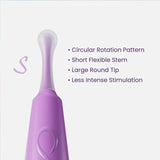 A Zumio S Spirotip Clitoral Stimulator in light purple by ZUMIO, INC with a flexible, short stem and large rounded tip is shown next to text: "Circular rotation, less intense but precise stimulation.