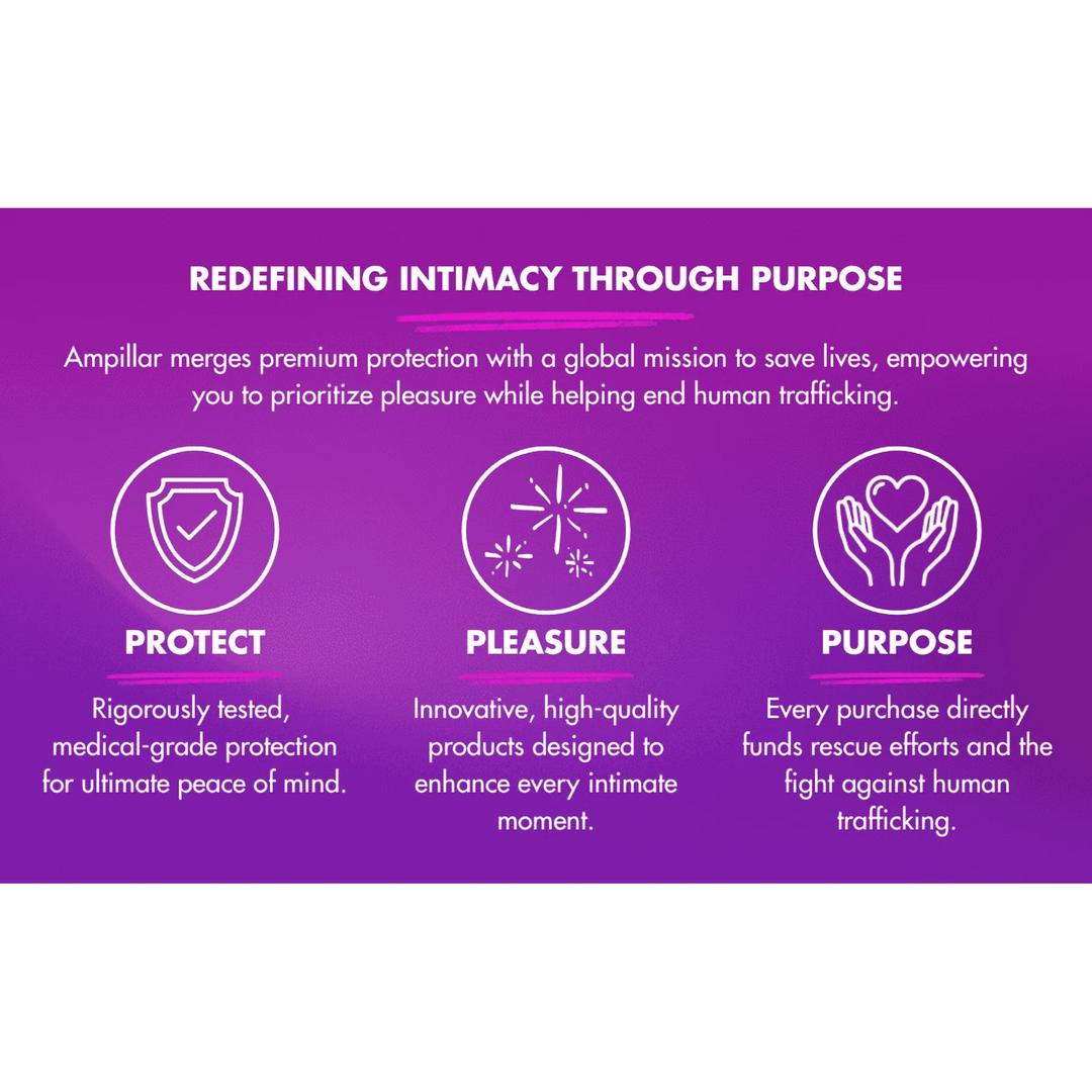 A purple graphic with three icons and text: Protect—Playboy Ampillar Ultra Thin XL Gold Condoms for peace of mind; Pleasure—extra large, ultra thin for intimacy; Purpose—profits help rescue victims of human trafficking.