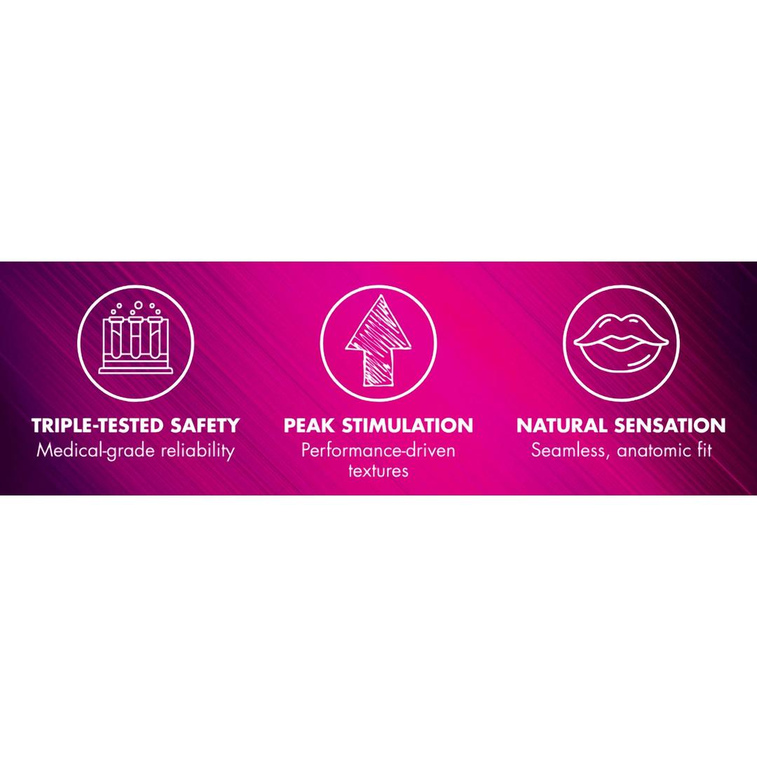 A pink graphic with test tubes for "Triple-Tested Safety," an upward arrow for "Peak Stimulation," and lips for "Natural Sensation" highlights Playboy Ampillar Ultra Thin XL Gold Condoms, made from natural latex.