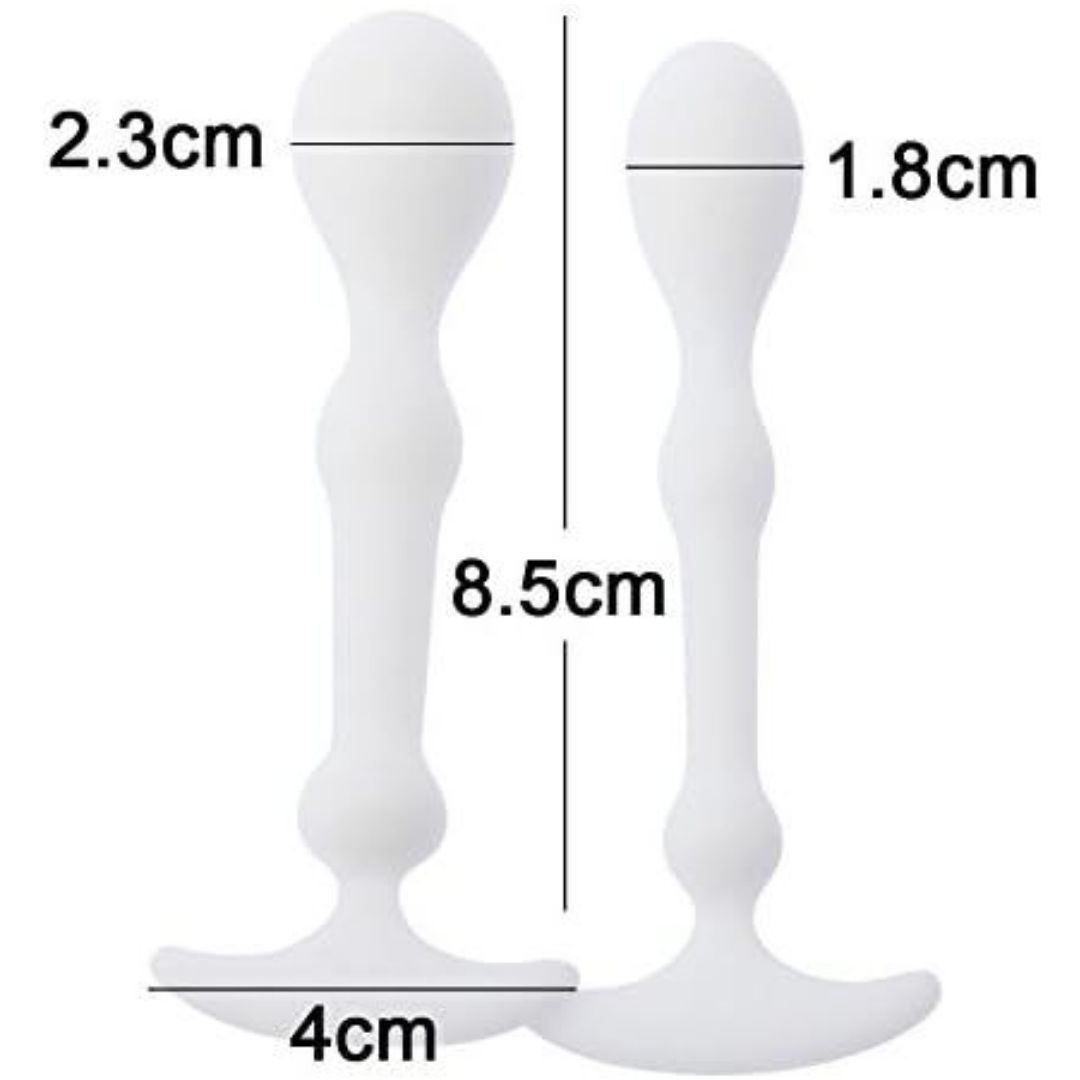 The Aneros Peridise Anal Stimulators (2-Pack) by Aneros feature two white, curved silicone plugs, each 8.5 cm tall with different tip and base widths for versatile play, crafted from premium materials.