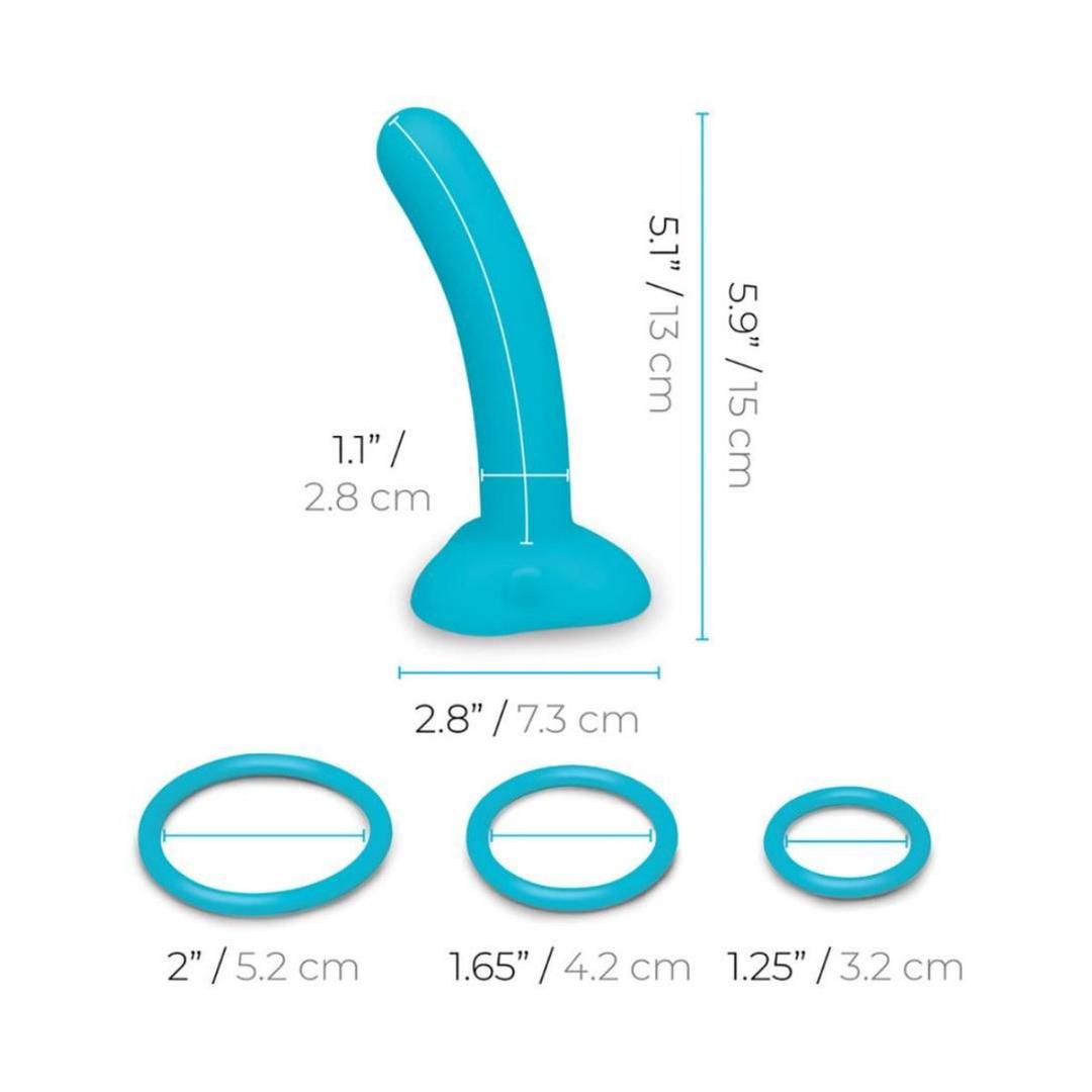 The B-Vibe Every Body Strap-On Harness Set with 6" Silicone Dildo by B-Vibe is shown with three blue rings of varied sizes, each marked with inch and centimeter measurements. The set includes a curved, suction-based silicone dildo.