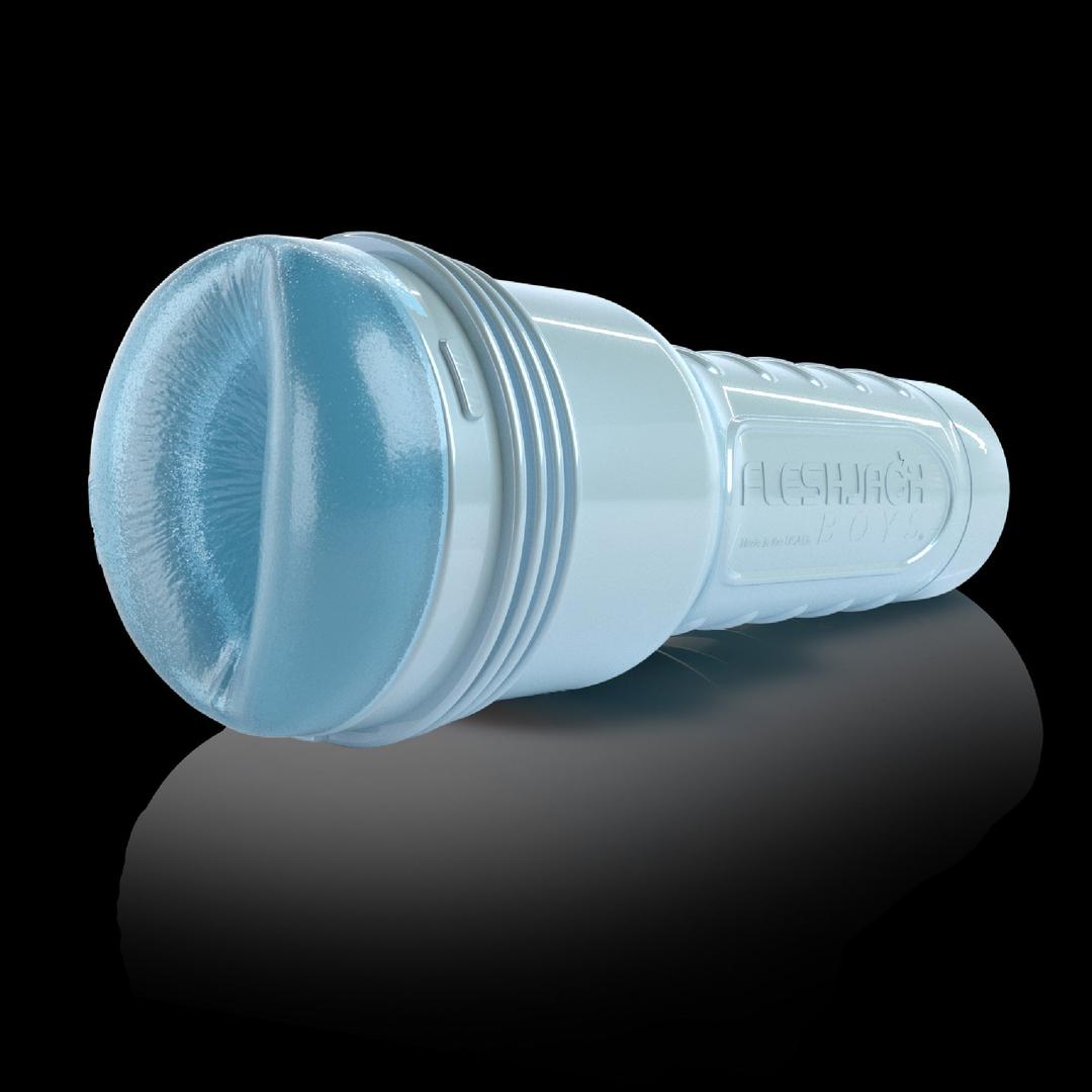 A light blue, cylindrical Fleshjack Boys Boomer Banks: Realistic Male Masturbator Cake Butt BIRTHDAY EDITION with a textured, molded opening.