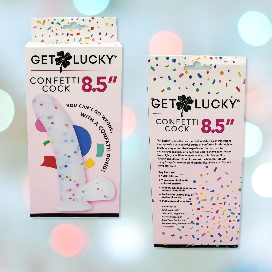 The image displays the packaging for the "Get Lucky Confetti Cock 8.5" Silicone Dildo," featuring a lively confetti pattern and an image of the white dildo accented with colorful speckles. It highlights its playful brand name, "Get Lucky," and includes details about its suction cup base for hands-free enjoyment.