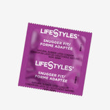 A purple wrapper with white text showcases LifeStyles "Snugger Fit" condoms, designed for a comfortable fit. Made from natural rubber latex, they ensure reliability and comfort.