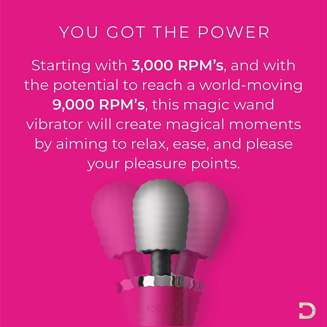 Displayed on a pink background, the text emphasizes the Doxy Original Wand Massager - Pink. This device from Doxy showcases a white rounded head complemented by a pink base, delivering powerful vibrations. With an escalating pulse mode, it ensures satisfaction with speeds varying from 3,000 to 9,000 RPMs.