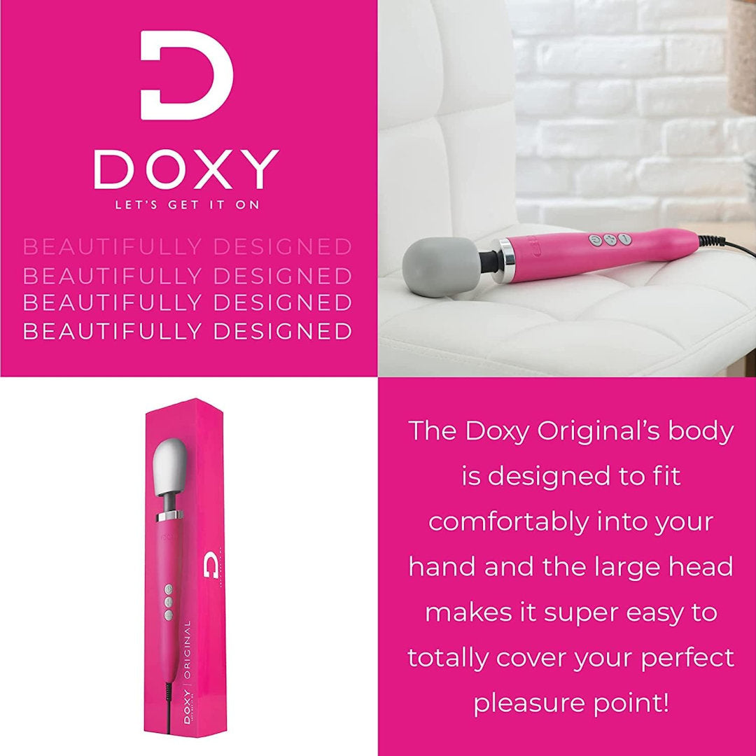 The image displays an advertisement for Doxy. In the top left is the brand logo, while the top right showcases a white chair accompanied by the Doxy Original Wand Massager in pink, renowned for its intense vibrations. The bottom left features the product packaging, and the bottom right highlights marketing text about its escalating pulse mode.