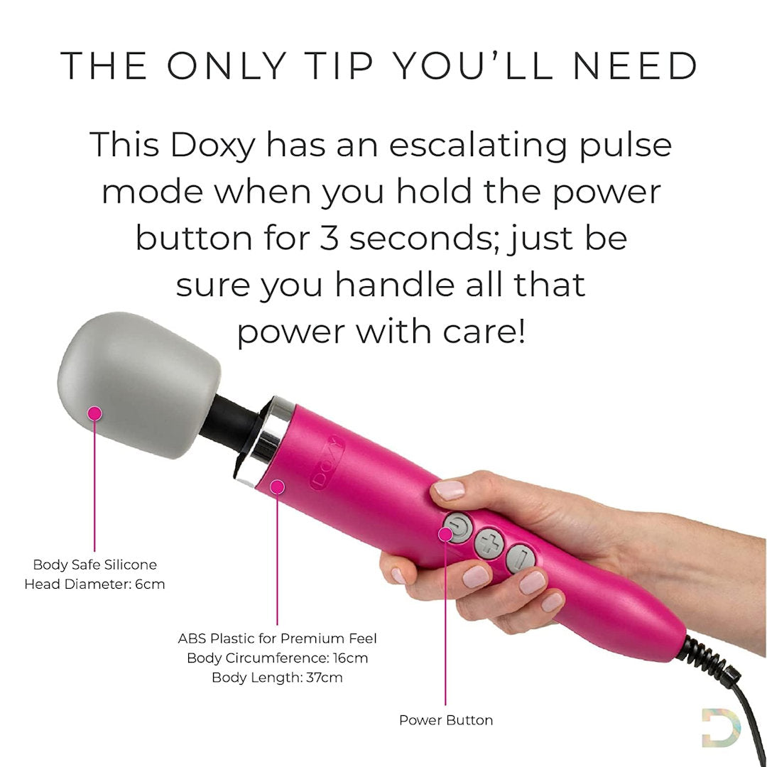 The Doxy Original Wand Massager - Pink by Doxy boasts a large silicone head and handle, complete with buttons for power and its escalating pulse mode. Delivering intense vibrations, it includes text above with detailed usage and safety instructions.