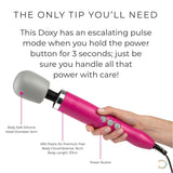 The Doxy Original Wand Massager - Pink by Doxy boasts a large silicone head and handle, complete with buttons for power and its escalating pulse mode. Delivering intense vibrations, it includes text above with detailed usage and safety instructions.