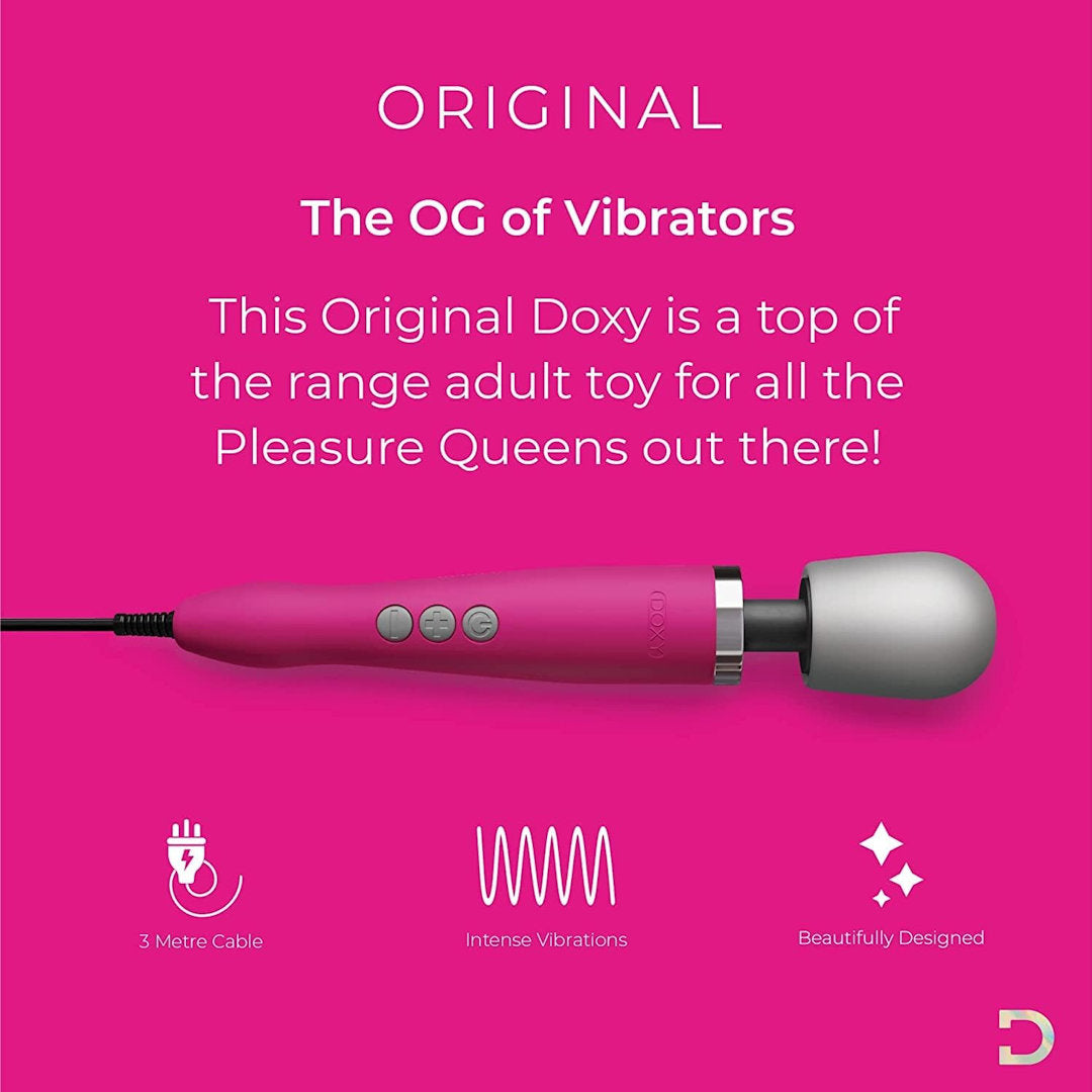 A promotional image showcases the Doxy Original Wand Massager - Pink, a stylish vibrator from Doxy, featuring a gray head. It claims to provide powerful vibrations, an escalating pulse mode, and a 3-meter cable. The design is described as stunning. The text reads: "The OG of Vibrators" and "top of the range adult toy.