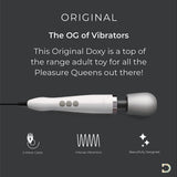 Image of the Doxy Original Wand Massager - White, featuring a sleek white handle and a black power cord. Promoted as a premium adult toy by Doxy, it offers customizable intensity and powerful vibrations with an elegant design. It also includes a practical 3-meter cable.