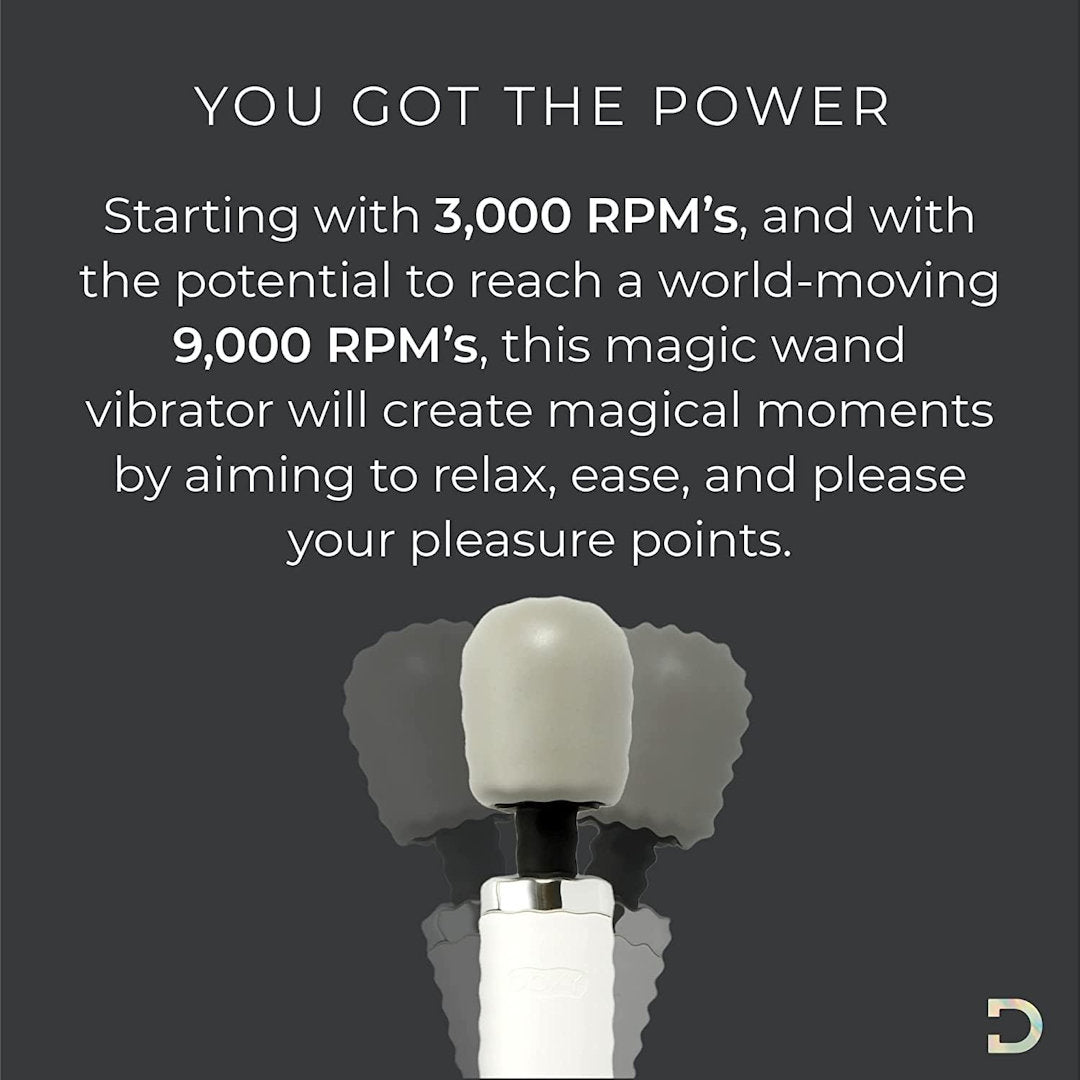 Promotional image of the Doxy Original Wand Massager - White by Doxy highlights its impressive vibrations, ranging from 3,000 RPM to an intense 9,000 RPM. Create extraordinary experiences that provide unmatched pleasure and relaxation by accurately targeting the user's pleasure points.