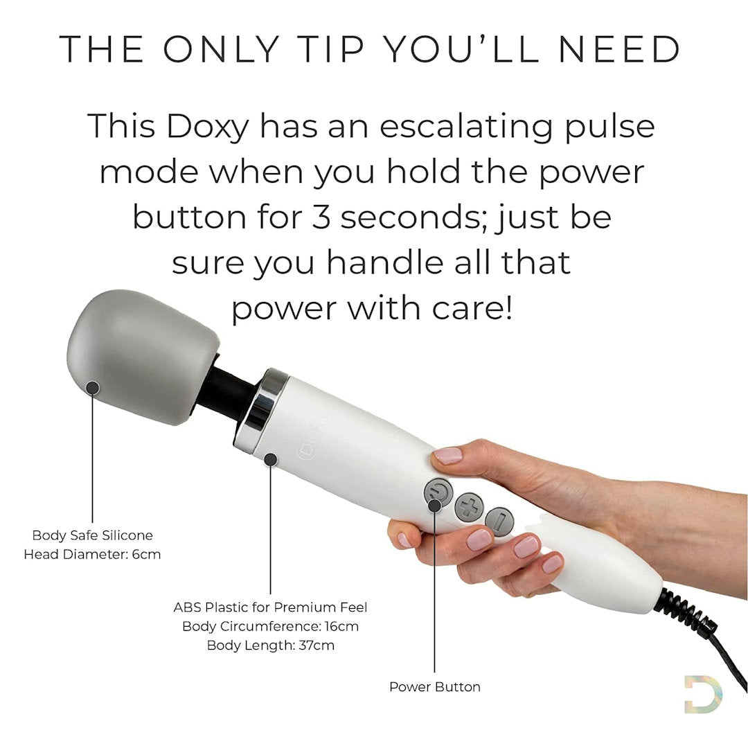 A hand holding the Doxy Original Wand Massager - White by Doxy, showcasing its white body with a gray silicone head and labeled buttons for adjustable intensity. Enjoy intense vibrations through modes controlled by the power button. The silicone head measures 6cm in diameter, while the body has a circumference of 16cm and an overall length of 37cm.