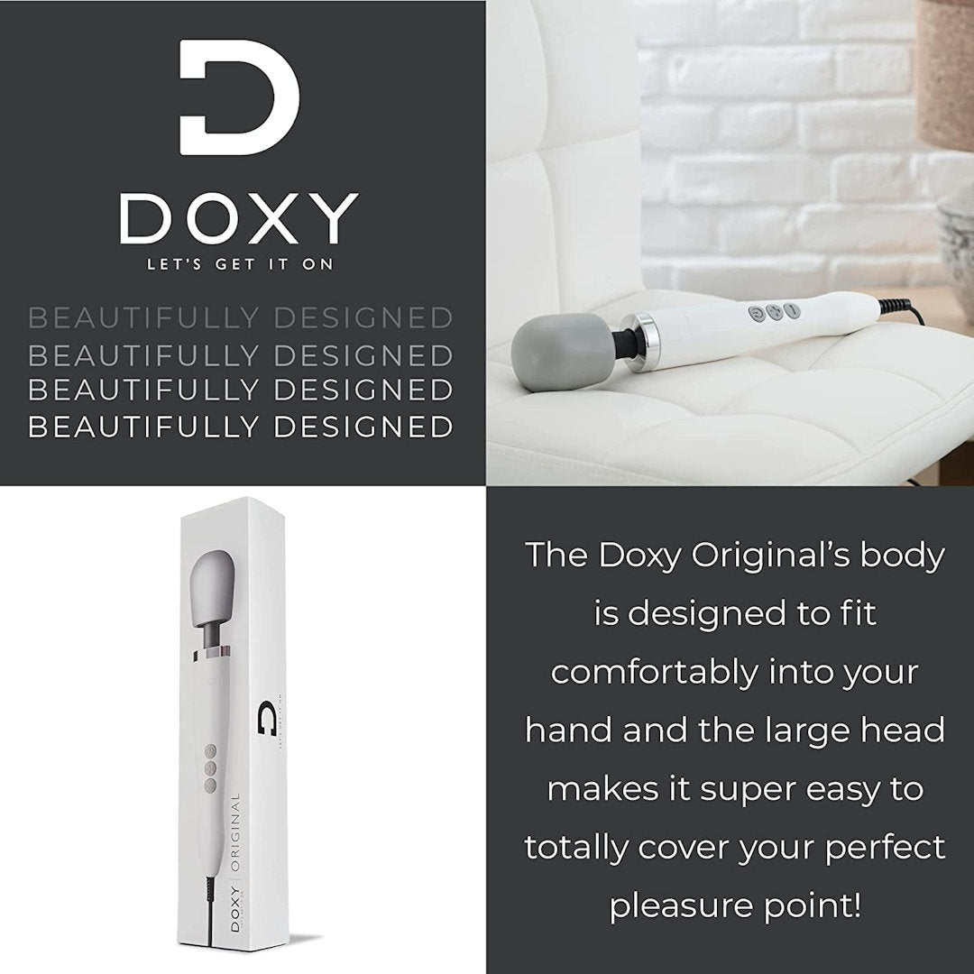 An advertisement for the Doxy Original Wand Massager - White features its elegant design on a white couch. The text highlights its comfortable grip and strong vibrations, with customizable intensity ensuring an ideal experience every time. The Doxy logo and the slogan "Let's Get It On" are prominently displayed at the top left.