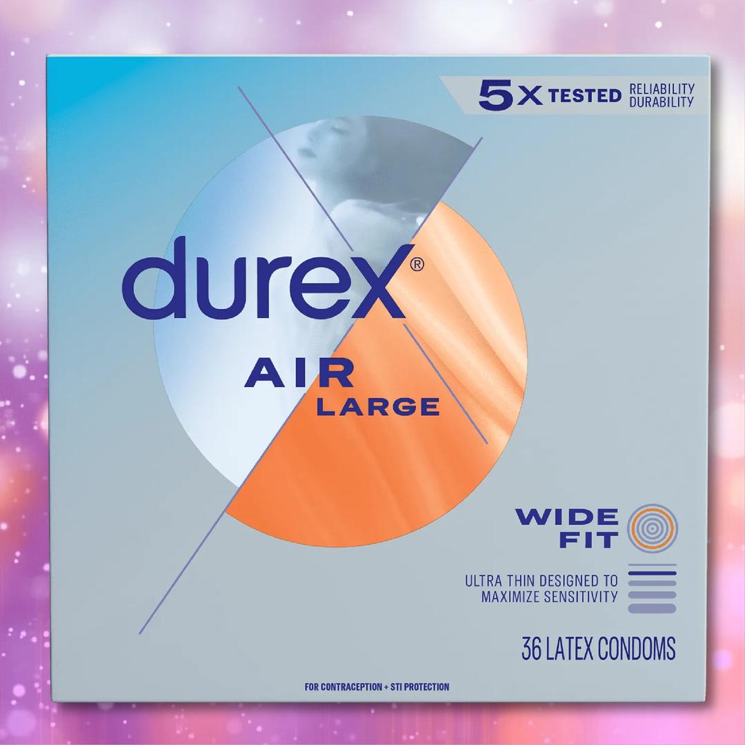 Introducing Durex Air Large Wide Fit Condoms by Durex—a box featuring a distinctive blue and orange design, clearly labeled “Wide Fit,” “5x tested,” and containing 36 ultra-thin latex condoms. Expertly crafted for maximum sensitivity, these condoms offer a secure yet comfortable fit to deliver the ultimate in comfort and enhanced sensation.