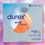 Introducing Durex Air Large Wide Fit Condoms by Durex—a box featuring a distinctive blue and orange design, clearly labeled “Wide Fit,” “5x tested,” and containing 36 ultra-thin latex condoms. Expertly crafted for maximum sensitivity, these condoms offer a secure yet comfortable fit to deliver the ultimate in comfort and enhanced sensation.