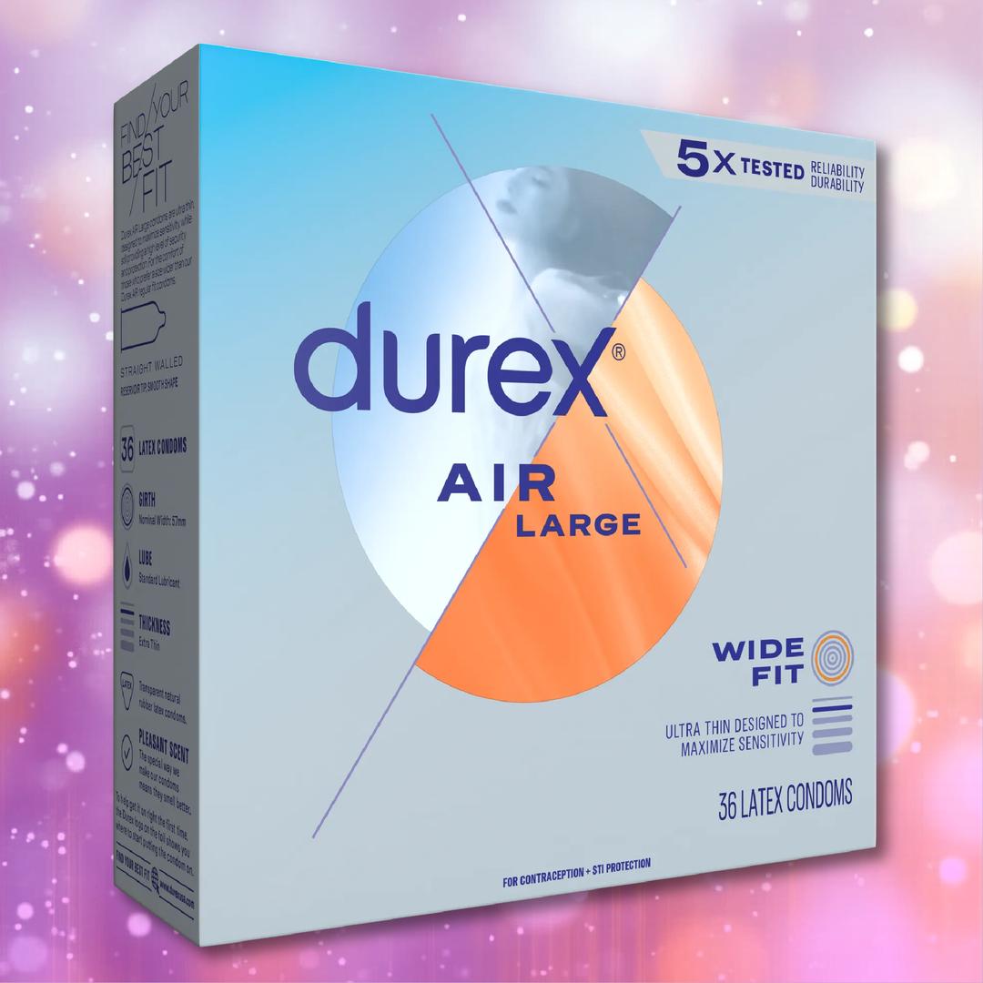 A 36-count box of Durex Air Large Wide Fit Condoms features blue and orange text on a purple, sparkly background. These ultra-thin condoms from Durex are designed for comfort and sensitivity, providing a wide fit for added ease.