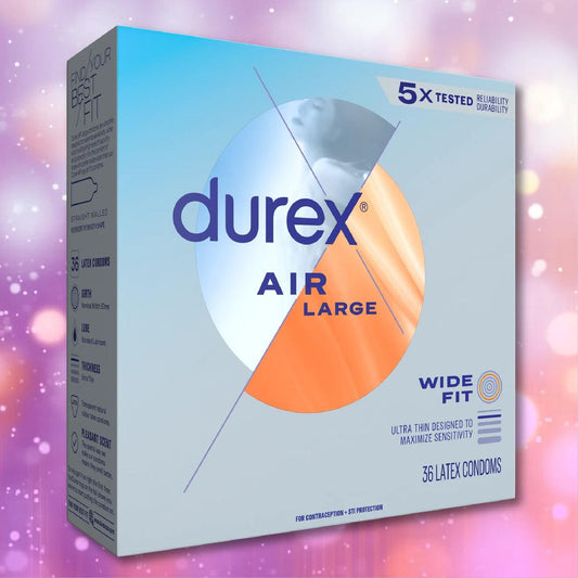 A 36-count box of Durex Air Large Wide Fit Condoms features blue and orange text on a purple, sparkly background. These ultra-thin condoms from Durex are designed for comfort and sensitivity, providing a wide fit for added ease. 1080