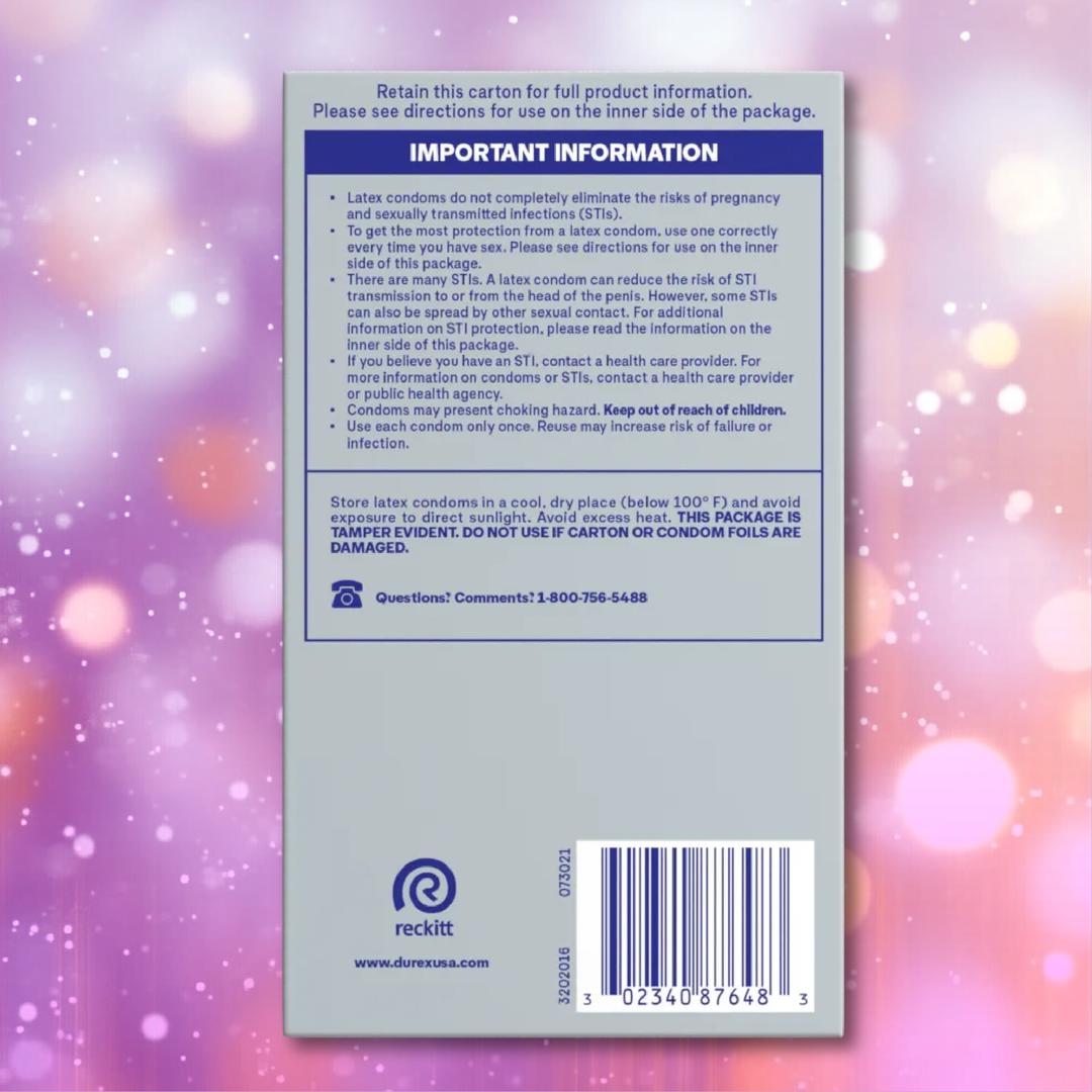 The back of a Durex Air Large Wide Fit Condoms box features essential information about using latex condoms, safety warnings, and storage instructions. A barcode is displayed at the bottom against a bokeh background design. Specific details highlighting the Durex Air Large Wide Fit variety are also provided to help users select the most suitable option for their needs.