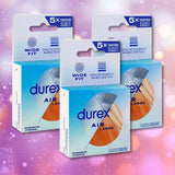Three boxes of Durex Air Large Wide Fit Condoms by Durex are displayed against a pink and purple bokeh background. The packaging highlights features such as “ultra thin” and “wide fit.”.