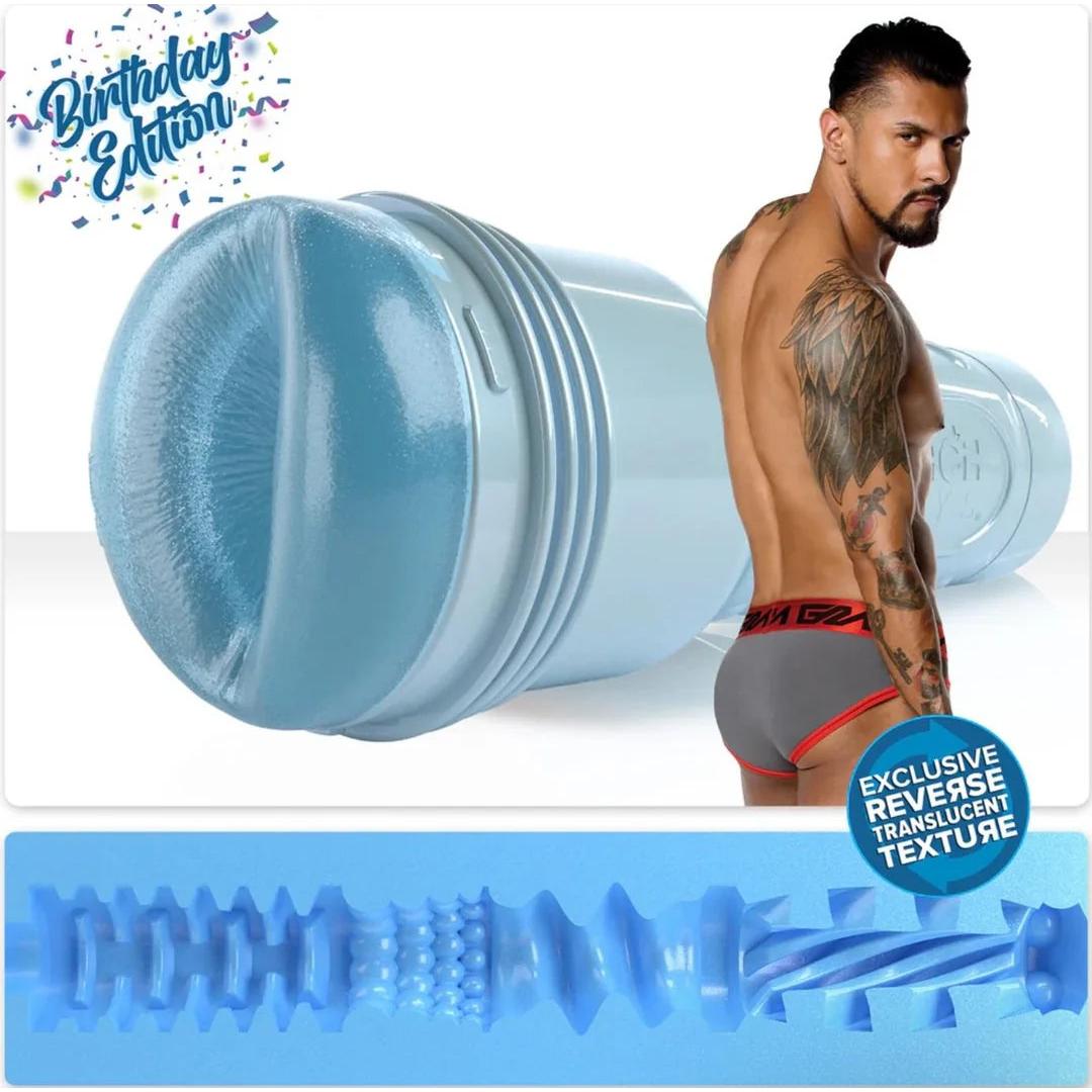 A blue Fleshjack Boys Boomer Banks: Realistic Male Masturbator Cake Butt BIRTHDAY EDITION cylindrical masturbator with a textured interior, shown alongside a man and a cross-section of the device’s interior.
