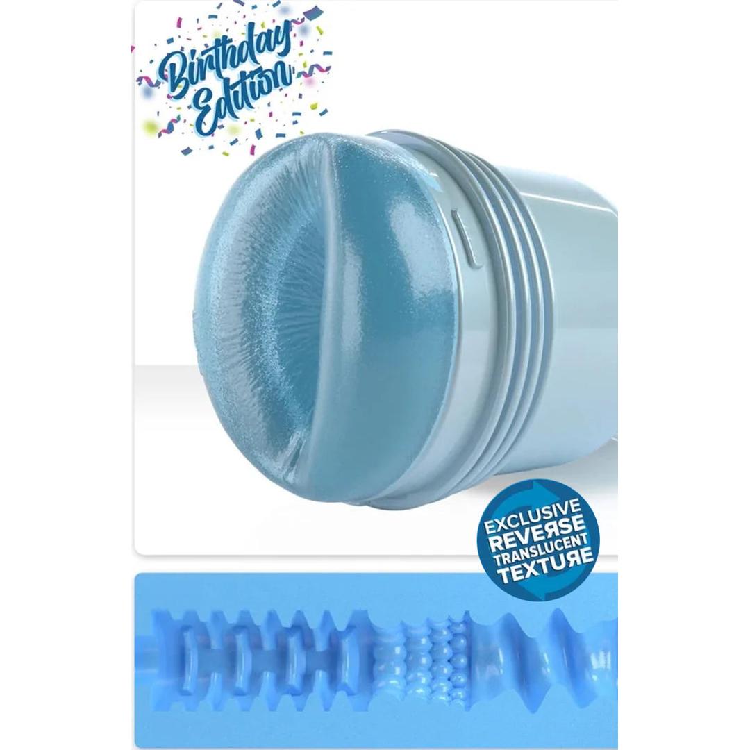 Cross-section of a translucent blue Fleshjack Boys Reno Gold: Realistic Male Masturbator Cake Butt BIRTHDAY EDITION sleeve, revealing its internal texture with a “Birthday Edition” label and a badge highlighting the translucent design.