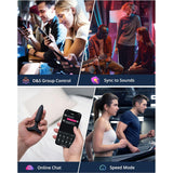 A collage of four images: individuals with smartphones, a band playing instruments, a couple holding the Lovense Hush 2 Vibrating Butt Plug - XS syncing to sounds, and two people jogging on treadmills. Text overlays: "Lovense Connectivity," "Powerful Vibrations," "Real-Time Messaging," and "Turbo Mode.