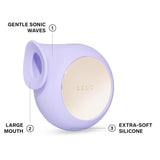 The LELO SILA Air Suction Clit Massager in Lilac delivers clitoral stimulation with a large mouth and gentle sonic waves, featuring an extra-soft silicone design for a serene experience.