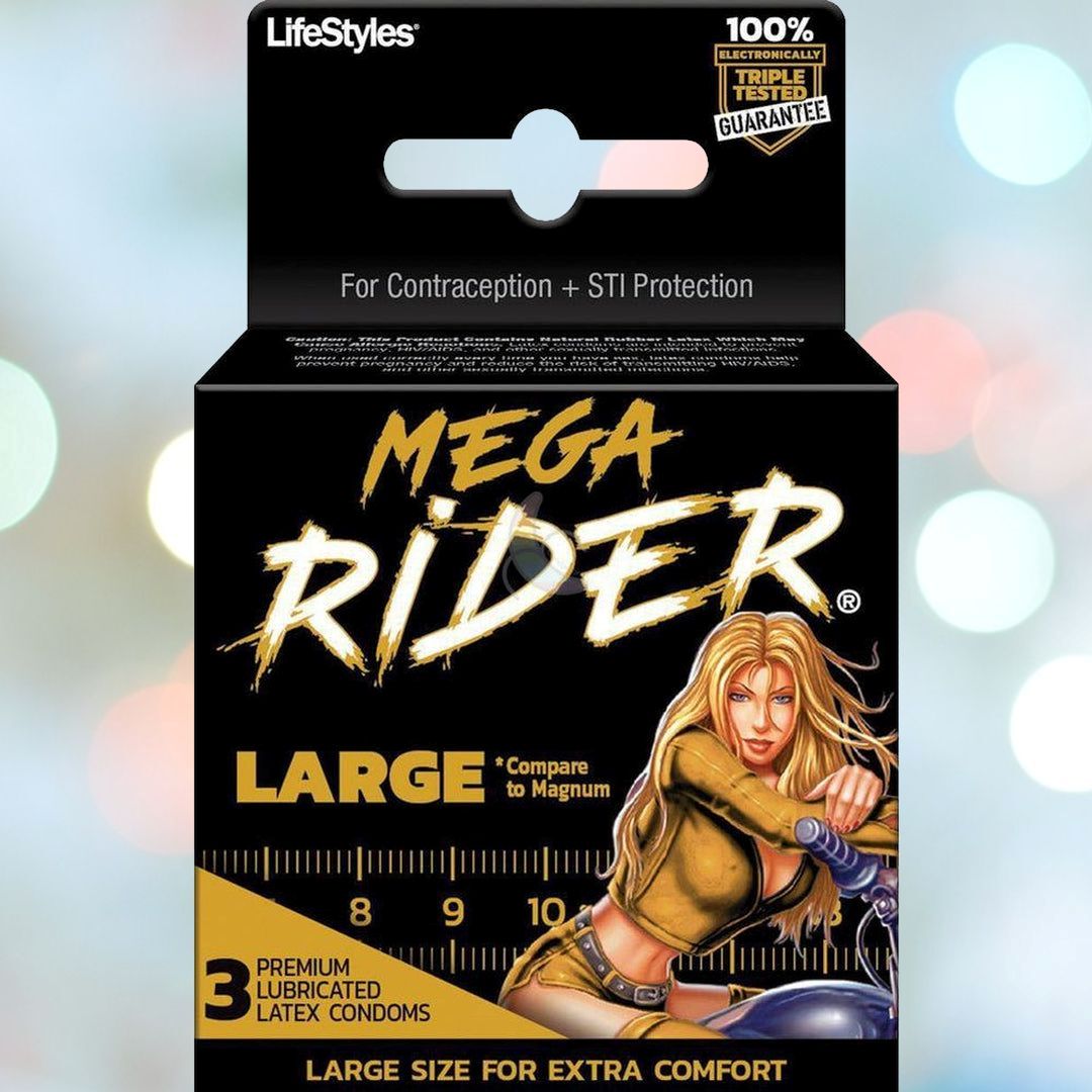 Packaging for LifeStyles 'Mega Rider' Large Condom. The black box features the phrase "Large Size for Extra Comfort" at the bottom, along with an illustration of a blonde woman in tight clothing riding a motorcycle. The package contains 3 premium lubricated latex condoms designed for sensitivity and comfort.