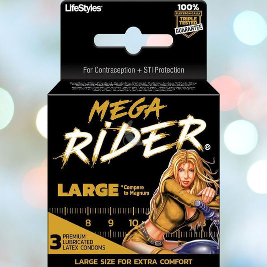 Packaging for LifeStyles 'Mega Rider' Large Condom. The black box features the phrase "Large Size for Extra Comfort" at the bottom, along with an illustration of a blonde woman in tight clothing riding a motorcycle. The package contains 3 premium lubricated latex condoms designed for sensitivity and comfort. 1080