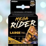 Packaging for LifeStyles 'Mega Rider' Large Condom. The black box features the phrase "Large Size for Extra Comfort" at the bottom, along with an illustration of a blonde woman in tight clothing riding a motorcycle. The package contains 3 premium lubricated latex condoms designed for sensitivity and comfort.