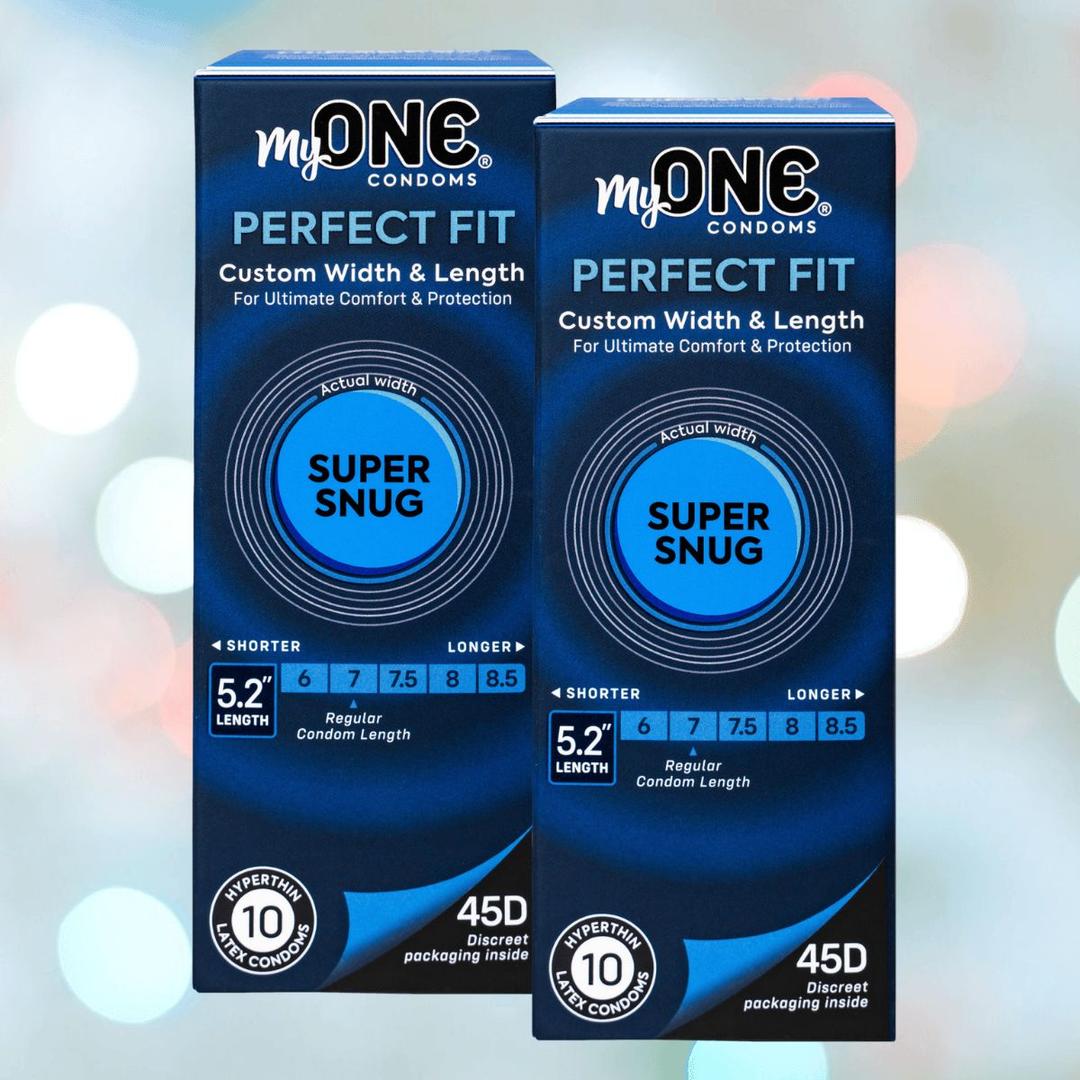 Two blue boxes of myONE "Super Snug" Condoms (Size 45D) by MyONE, each with 10 condoms and custom width/length options. Text highlights a 5.2” length and tailored fit, displayed against a blurred background.