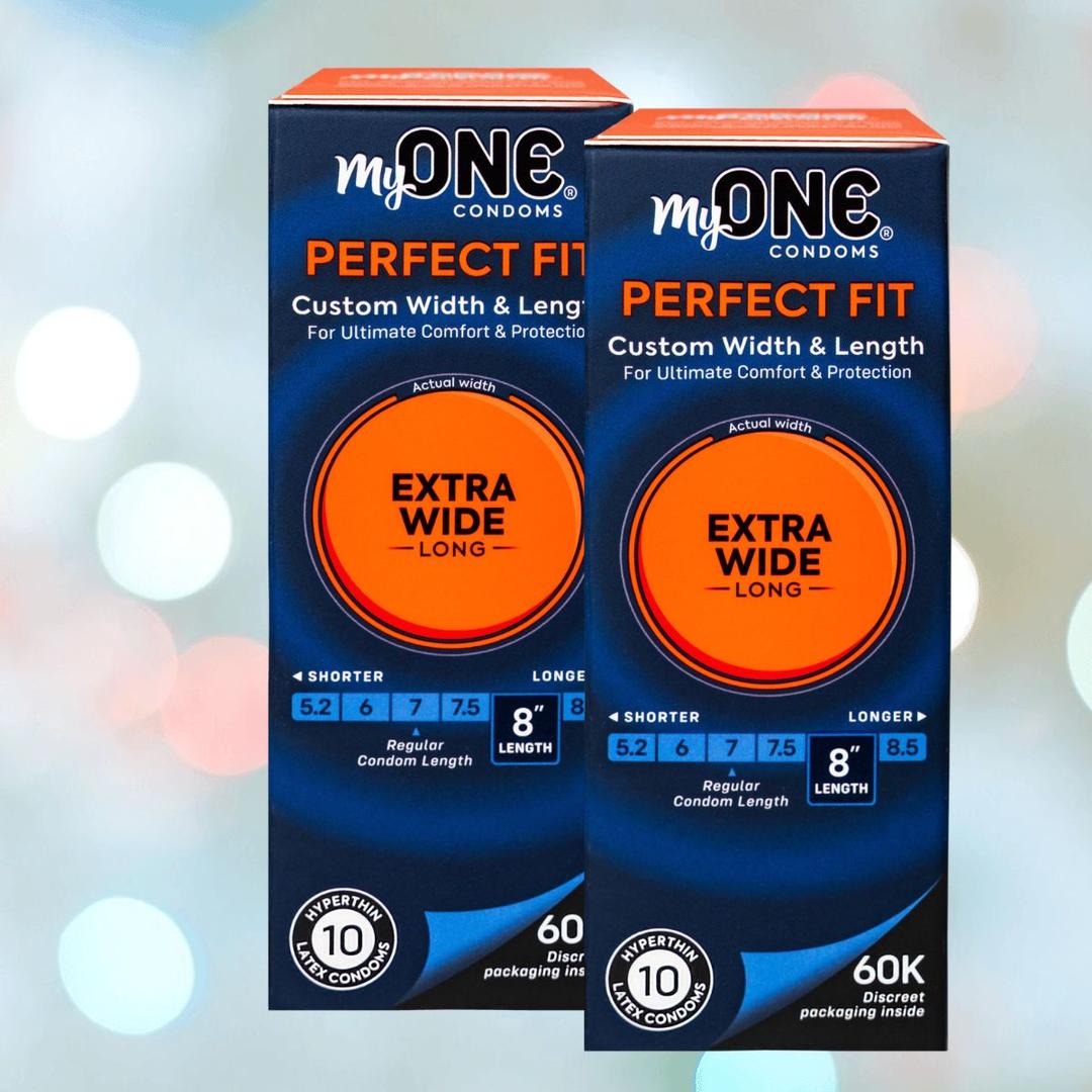 Two boxes of MyONE Extra Wide & Long 60K - 8" Long (10-Pack) condoms are shown, each featuring size details and pack count from the brand MyONE, set against a blurred colorful background.