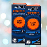 Two boxes of MyONE Extra Wide & Long 60K - 8" Long (10-Pack) condoms are shown, each featuring size details and pack count from the brand MyONE, set against a blurred colorful background.