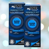 Two blue boxes of myONE "Super Snug" Condoms (Size 45D) by MyONE, each with 10 condoms and custom width/length options. Text highlights a 5.2” length and tailored fit, displayed against a blurred background.