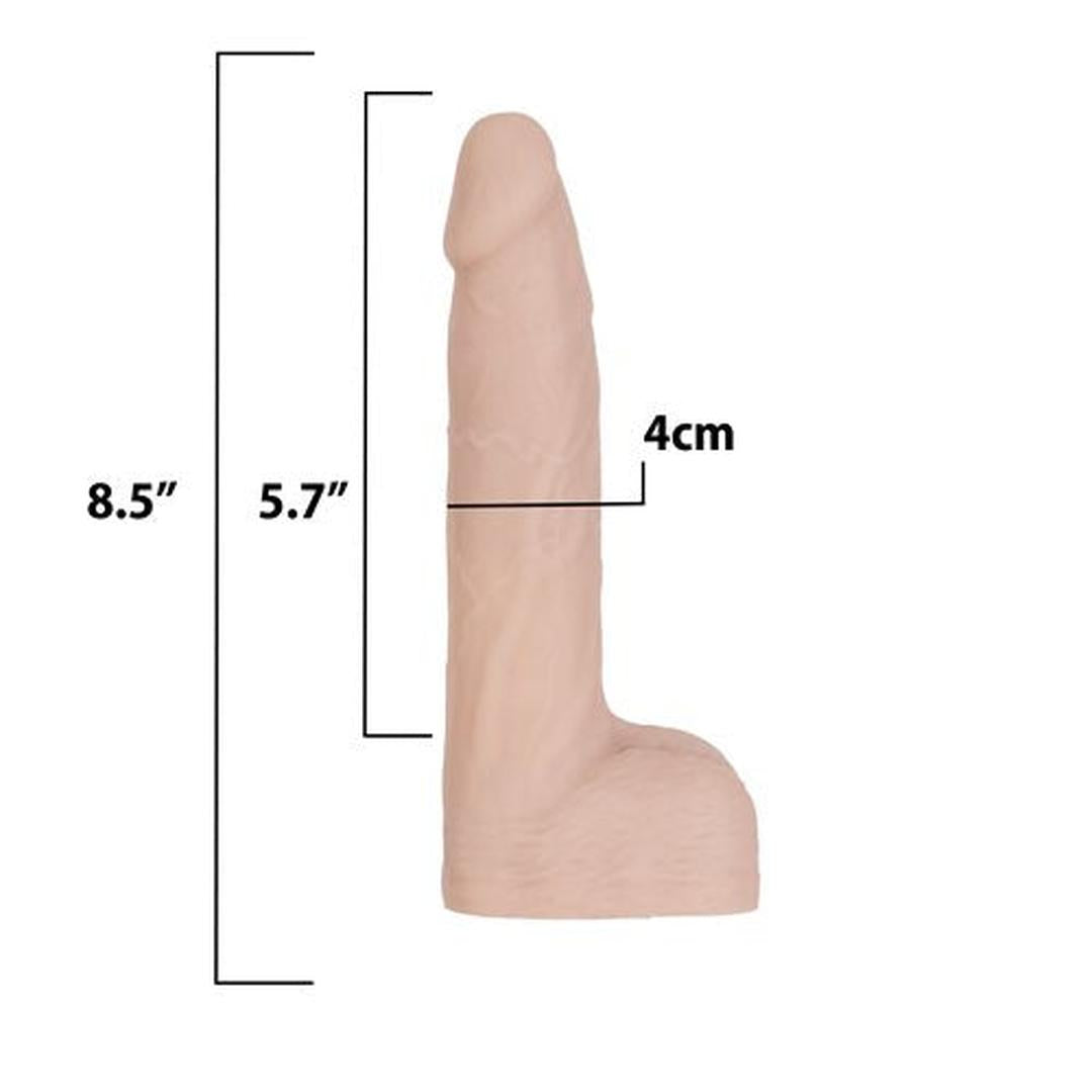 The BMS Naked Addiction Thrusting Dong - Vanilla 8.5" is a flesh-toned, realistic silicone vibrator shown upright, with measurement lines highlighting its 8.5" height, 5.7" insertable length, and 4 cm width.