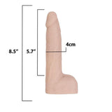 The BMS Naked Addiction Thrusting Dong - Vanilla 8.5" is a flesh-toned, realistic silicone vibrator shown upright, with measurement lines highlighting its 8.5" height, 5.7" insertable length, and 4 cm width.
