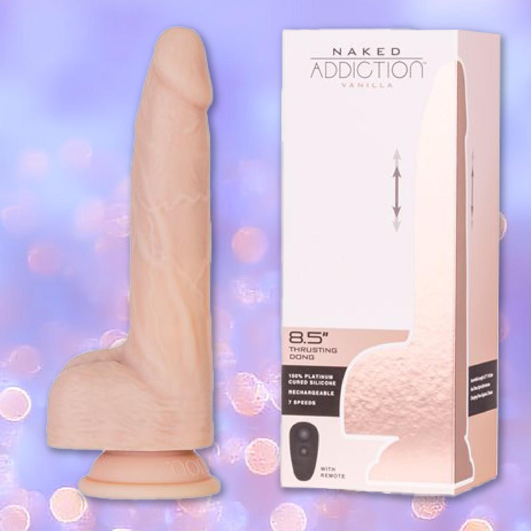 The BMS Naked Addiction Thrusting Dong - Vanilla 8.5" is shown beside its packaging, featuring a silicone design with suction base, thrusting motion, and a remote for customizable pleasure.
