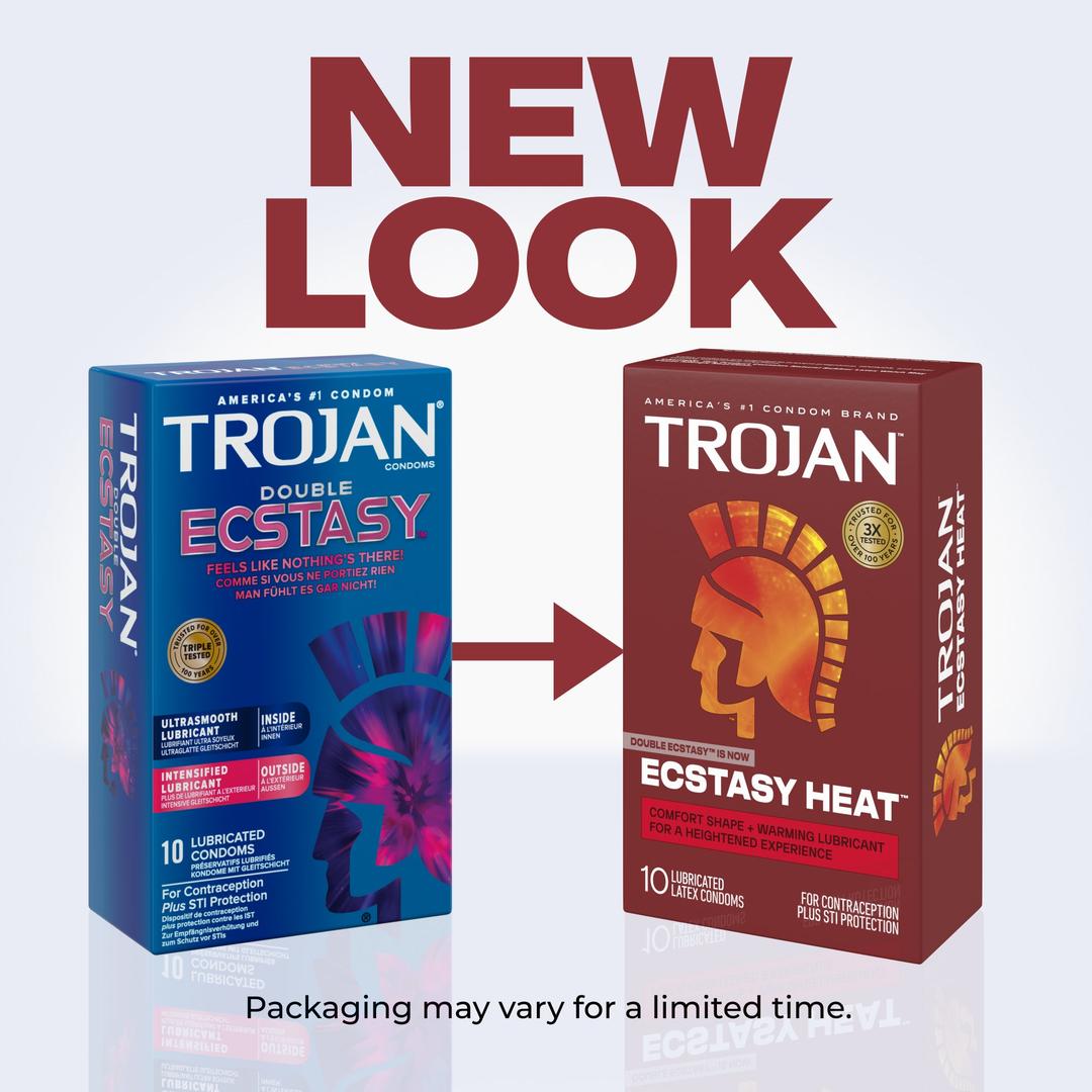 Two Trojan condom boxes are displayed. The blue box on the left is labeled “Double Ecstasy,” highlighting its comfort fit design. The red box on the right, branded as “Ecstasy Heat,” features a warming lubricant for added sensation. An arrow points from the blue box to the red box beneath the words “NEW LOOK,” indicating that Trojan Double Ecstasy Condoms are now Ecstasy Heat.