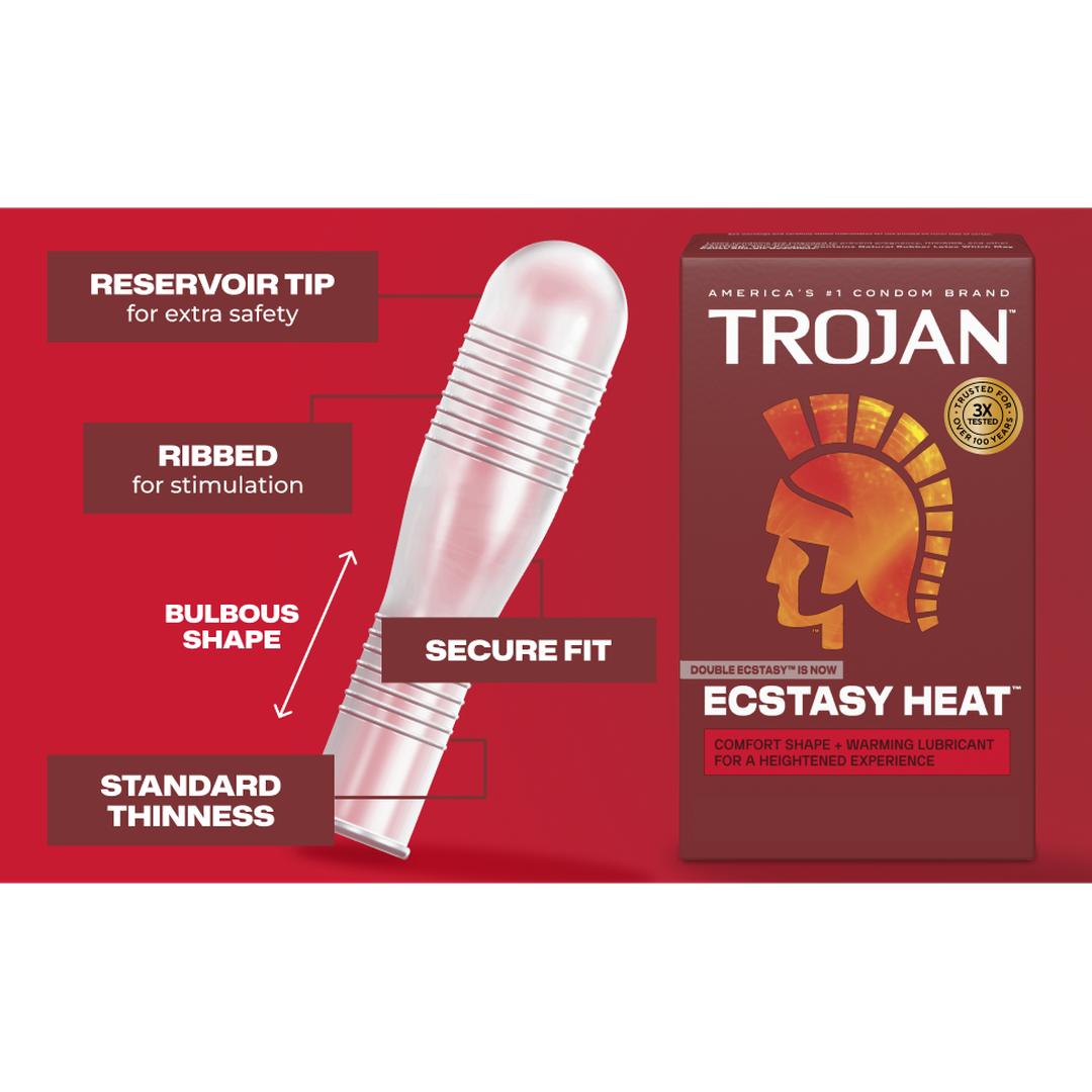 Trojan Double Ecstasy Condoms: Now Ecstasy Heat are highlighted against a red backdrop with informative labels, featuring a reservoir tip, ribbed texture, bulbous shape, comfort fit for enhanced pleasure, secure fit, and standard thickness—mirroring the well-known warming lubricant of the original Trojan Double Ecstasy.