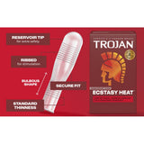 Trojan Double Ecstasy Condoms: Now Ecstasy Heat are highlighted against a red backdrop with informative labels, featuring a reservoir tip, ribbed texture, bulbous shape, comfort fit for enhanced pleasure, secure fit, and standard thickness—mirroring the well-known warming lubricant of the original Trojan Double Ecstasy.