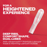 A translucent ribbed personal massager set against a red wavy background, with text showcasing deep ribs, a comfort-fit shape, dual lubes for Ultrasmooth and warming sensations—designed to heighten pleasure and perfectly complement the experience of Trojan Double Ecstasy Condoms: Now Ecstasy Heat from Trojan.