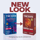 Two Trojan condom boxes are displayed. The blue box on the left is labeled “Double Ecstasy,” highlighting its comfort fit design. The red box on the right, branded as “Ecstasy Heat,” features a warming lubricant for added sensation. An arrow points from the blue box to the red box beneath the words “NEW LOOK,” indicating that Trojan Double Ecstasy Condoms are now Ecstasy Heat.